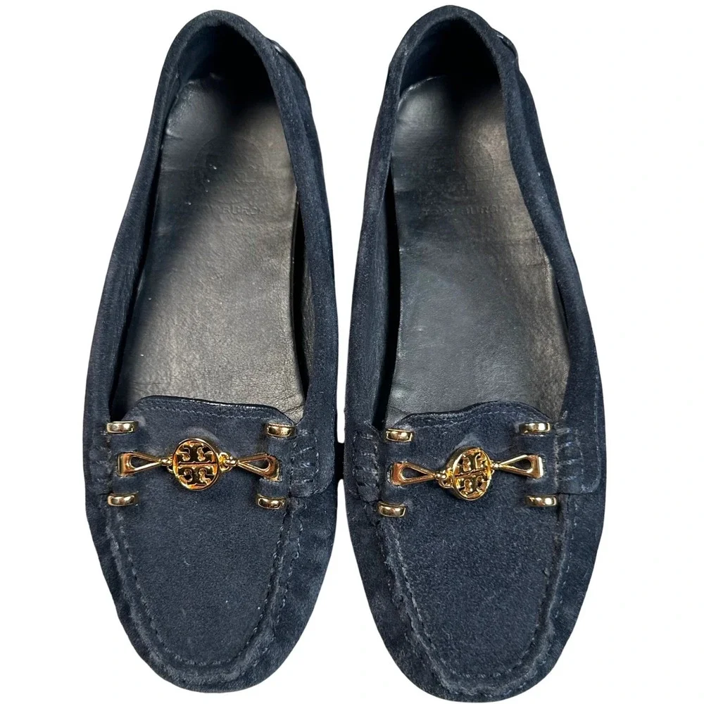 Tory Burch Driving Loafers Women's 7M Navy Suede Gold Logo Moccasin Flats